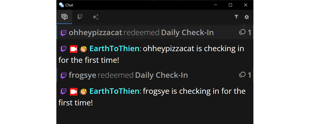 Daily check-in extension for Streamer.Bot. Image is of a chat window with users claiming a channel point reward and the bot responds with their redeem with a programmed message.